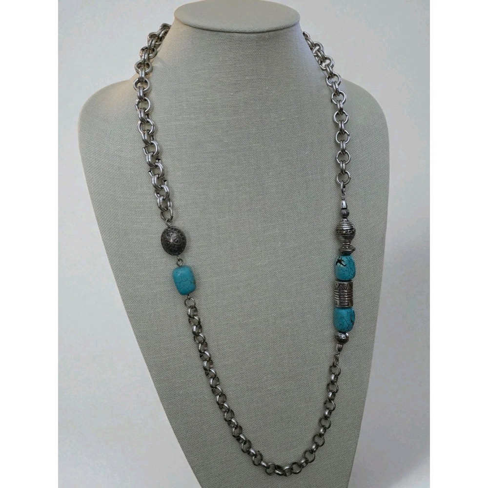 Boho Statement Necklace Silver Tone Chain Turquoise Howlite Beads Tribal Chunky